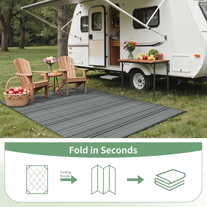 GENIMO Outdoor Rug for Patio Clearance, 6'x9' Reversible Plastic Straw Rugs, Lightweight Waterproof RV Camping Mat for Camper, Balcony, Deck, Backyard, Picnic, BlackGray