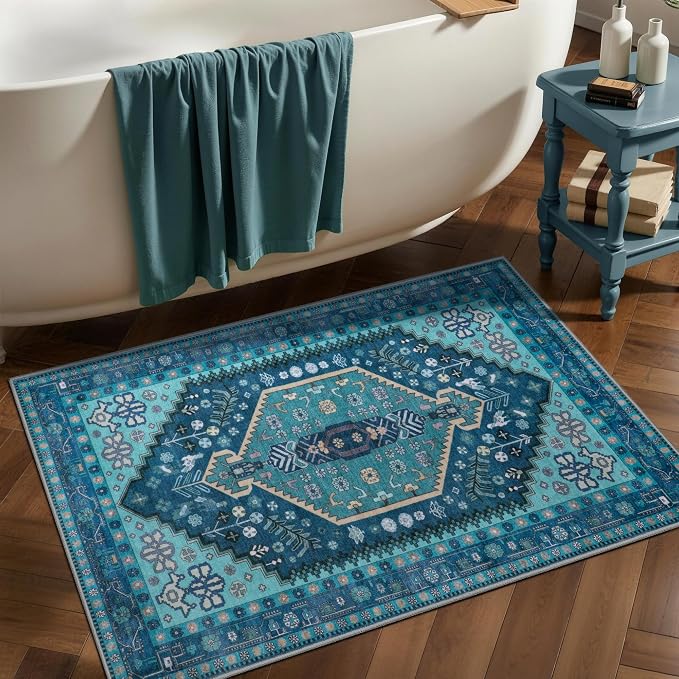 Ciicool 2x3ft Small Area Rug,Washable Boho Thin Mat for Entryway Kitchen | Oriental Non-Slip Low-Pile Indoor Teal Carpet Entry Rugs for Entrance Bedroom Kitchen Bathroom Foyer Decor