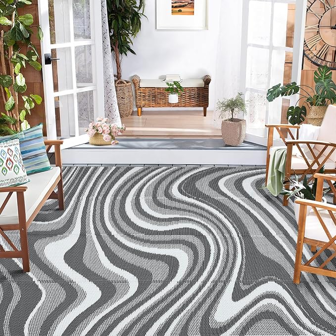 Garvee Outdoor Rug 8x10 Patio Waterproof, Abstract Outdoor Plastic Straw Rug, Camping Rugs for Outside Your RV, Foldable Lightweight Reversible Mats for Backyard, Deck, Picnic, Balcony, Black Grey