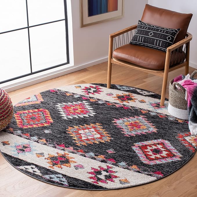 SAFAVIEH Adirondack Collection Area Rug - 6' Round, Black & Red, Boho Tribal Design, Non-Shedding & Easy Care, Ideal for High Traffic Areas in Living Room, Bedroom (ADR245Z)