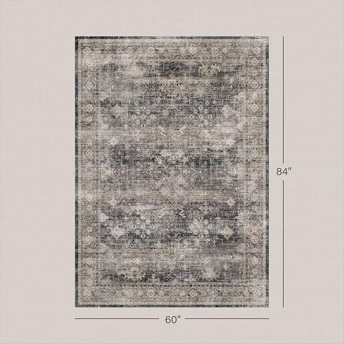 Minimalist 5x7 Charcoal Stone Area Rugs for Living Room, Modern Boho Washable Distressed Geometric Rug for Dining Room Bedroom, Stain Resistant Low Pile Anti-Slip Ultra Soft