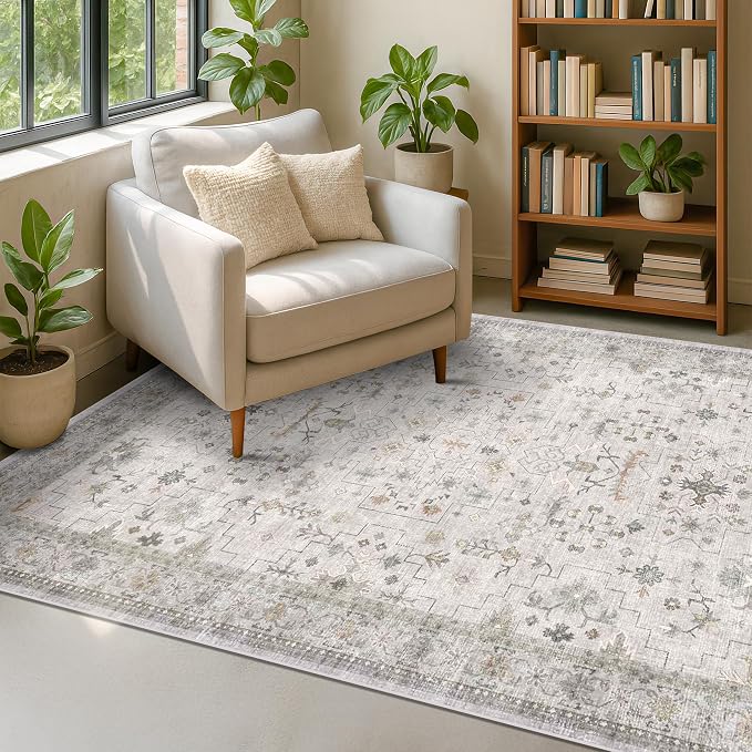 Washable 5x8 Living Room Rug - Light Gray & Sage Area Rug for Nursery, Dining Under Table, Bedroom, Modern Vintage Eclectic Geometric Floral Neutral, Low Pile Stain Resistant