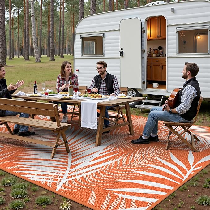 Outdoor Patio Rug, 6'x9' Plastic Straw Waterproof Mat, Reversible Camping Rug for RV Outside,Colorful Outside Layering Rug for Patios, Backyard, Deck, Balcony,Beach, Orange & White