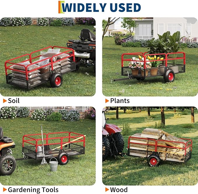 22 Cu.Ft 1600Lbs Steel ATV UTV Trailer, Tow Behind Dump Cart, Heavy Duty Pull Behind with Removable Sides & All Terrain Tires, Pull Behind Utility Dump Trailer for, Garden, Lawn Mower Tractor