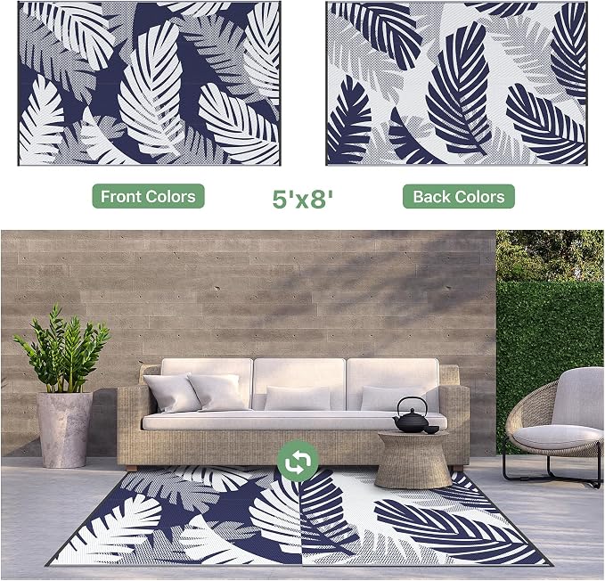 GENIMO Waterproof Outdoor Rug 5' x 8' for Patio Decor, Reversible Plastic Straw Area Rugs for Camping Clearance, RV Mat, Large Outside Carpet for Porch, Deck, Picni, Balcony, Garden, Blue & White