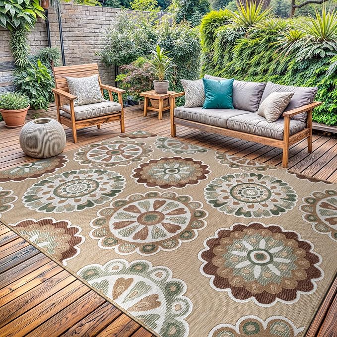 Outdoor Rug 6x9 Washable Area Rugs Indoor Outdoor Carpets Beige Bohemian Medallion Non Shedding Waterproof Easy Clean Patio Deck Porch Living Room Bedroom Garden RV (6 X 9 Beige)