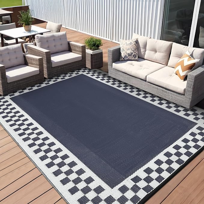 9x12 Outdoor Rug Waterproof Foldable Plastic Straw Carpet for Patio Porch Modern Geometric Border Reversible Mat Lightweight Floor Mat for Picnic, Backyard, Rv, Deck, Camper, Balcony，Blue