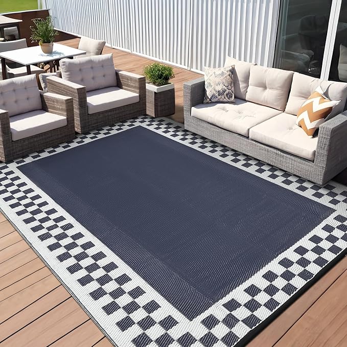 Outdoor Rug 8x10 Waterproof Patio Rugs Modern Geometric Border Reversible Mat for Front Door Rv Foldable Plastic Straw Carpet for Travel Trailers, Deck, Porch, Camper, Balcony, Beach，Blue