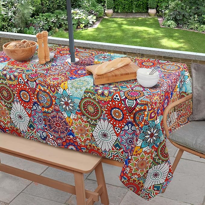Outdoor Tablecloth with Umbrella Hole and Zipper, Rectangle Patio Table Covers for Spring/Summer, Machine Washable Outdoor Picnic Table Cloth (Kaleidoscope, 60" × 120" Rectangular)