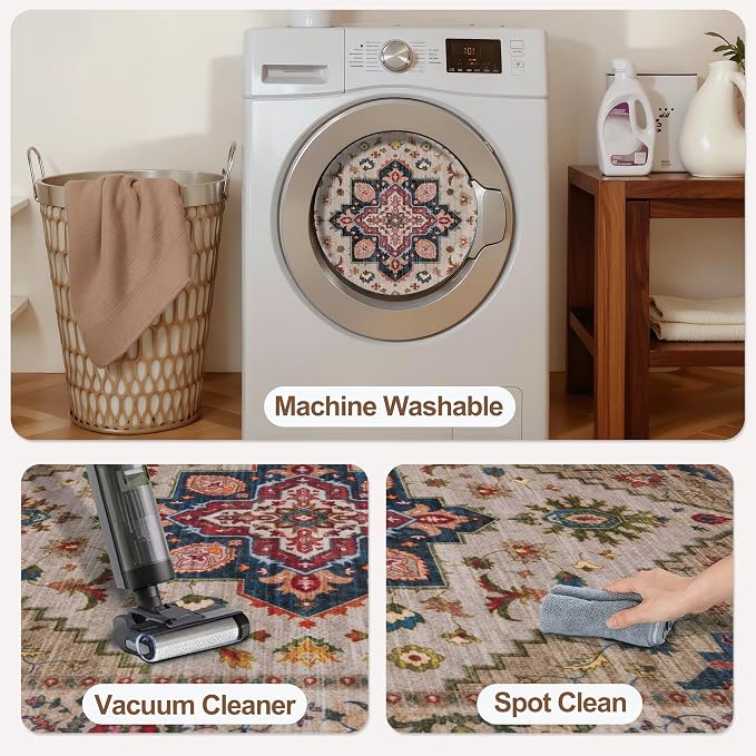 Tangsoo Vintage 3x5 Rugs, Washable Non Slip Accent Rugs for Entryway Beige | Farmhouse Print Indoor Carpet, Oriental Soft Low Pile 3x5 Area Rug for Living Room Dorm Bedroom Bedside Bathroom Entrance