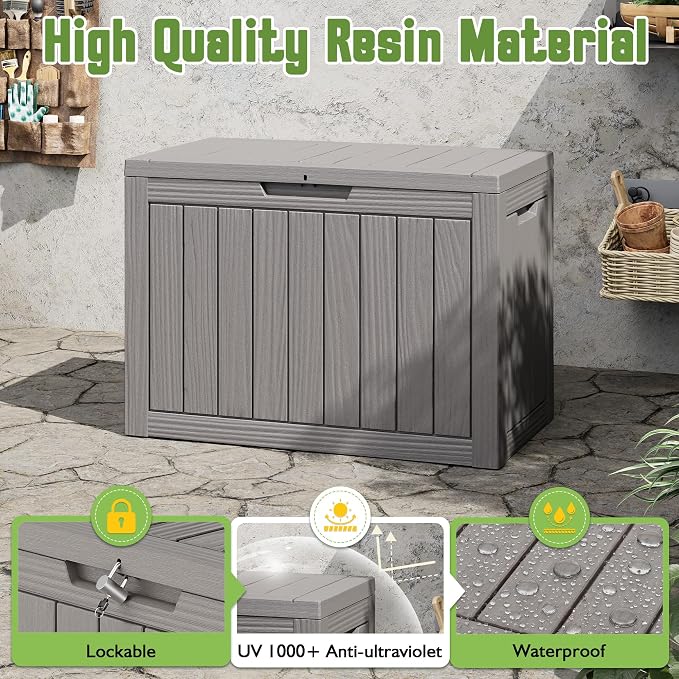 Outdoor Storage Box, 45 Gallon Deck Box with Lockable Lid, Waterproof Resin Storage Bin for Cushions, Garden Tools, Patio Furniture, Grey