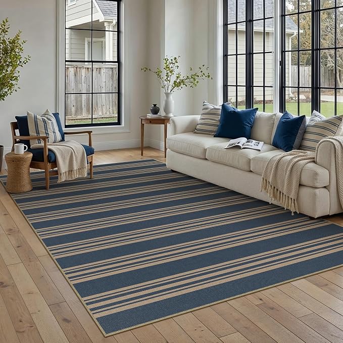 PureCozy Striped Easy Jute Rug 5x7 Blue Living Room Carpet Washable Non Slip Bedroom Office Rug Farmhouse Neutral Non Shedding Indoor Outdoor Large Carpet for Kitchen Dining Room