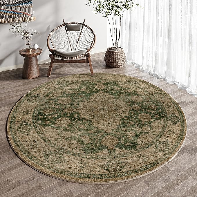 HUGEAR Round Rug 5ft Entryway Rugs Machine Washable Retro Green Hallway Area Rug 5x5 Small Circle Accent Rug Floral Low Pile Carpet Soft Throw Rug Living Room Office Laundry Room Entrance Non Slip