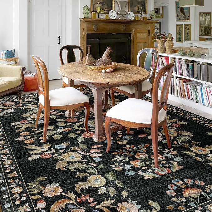 9x12 Area Rug Washable Floral Rug Non Slip Ultra-Thin Large | Machine Washable Throw Carpet for Living Room Bedroom Dining Room Floor Indoor Low Pile Boho Vintage Black