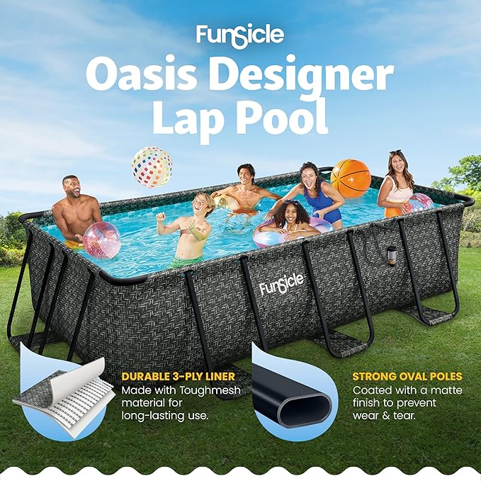 Funsicle Oasis Designer Lap 13' x 7' x 39.5” Rectangular Above Ground Swimming Pool, with FiltraBoost 800 GPH Filter Pump, Ladder & Repair Patch, Dark Herringbone | Rectangular Pool with FiltraBoost 800 GPH Filter Pump, Ladder & Repair Patch, Dark Herr...