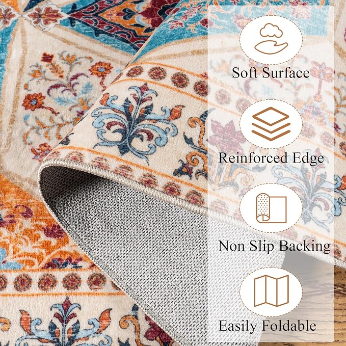 Moroccan Boho Floral Geometric Patchwork Washable 6x9 Large Area Rug | Vintage Distressed Non Slip Throw Carpet for Bedroom Livingroom Kitchen Hallway Entryway Office Dining Room Docer, Cream