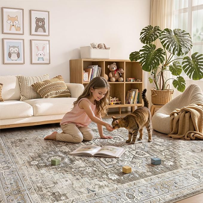 DTICON Vintage Washable 9x12 Area Rug Living Room Rugs, Brown Gray | Boho Distressed, Pet & Kid Friendly, Non-Slip Backing, Soft Polyester, Low-pile Carpet for Living Room, Bedroom, Dining Room