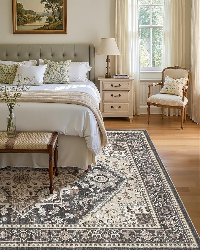 Washable Area Rug-6X9 Vintage Neutral Soft Black | Non Slip Thin Foldable Large Floor Carpet for Living Room Bedroom Kitchen Dining Room Home Office Farmhouse Indoor
