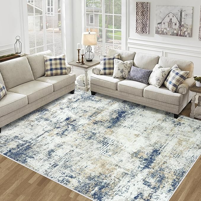 Tosuoka 8x10 Area Rugs for Living Room Abstract Washable Blue Brown Rug | With Anti-Slip Backing，Non-Shedding，Stain-Resistant，Soft Modern Large Carpet for Bedroom Dining Room Farmhouse Nursery