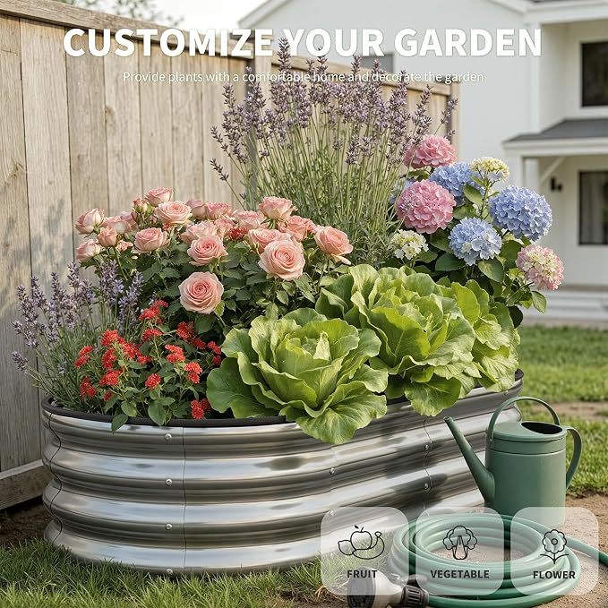 Planter Raised Beds Metal Kit, 4×2×1ft 2 Pack for Outdoor Planter Boxes with Easy Assembly,Oval Large Galvanized Garden Beds for Vegetables, Fruits, Flower Silver