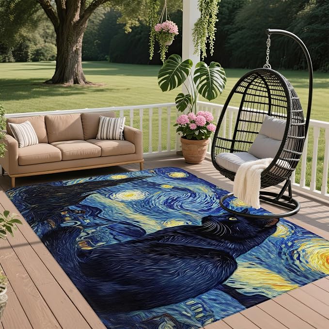 Cat Starry Night 5x7 Area Rug,Abstract Van Gogh Washable Carpet Non Slip Mat Low Pile Large Rugs for Living Room,Bedroom,Farmhouse,Dining Room,Kids Playroom,Kitchen Indoor