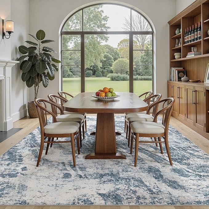 DMOYEST 7x9 Area Rug for Living Room Washable Abstract Indoor Carpet | Neutral Modern Low Pile Rugs Kid & Pet Friendly Large Soft Thin Carpet for Bedroom Dining Room and Office - Blue Light