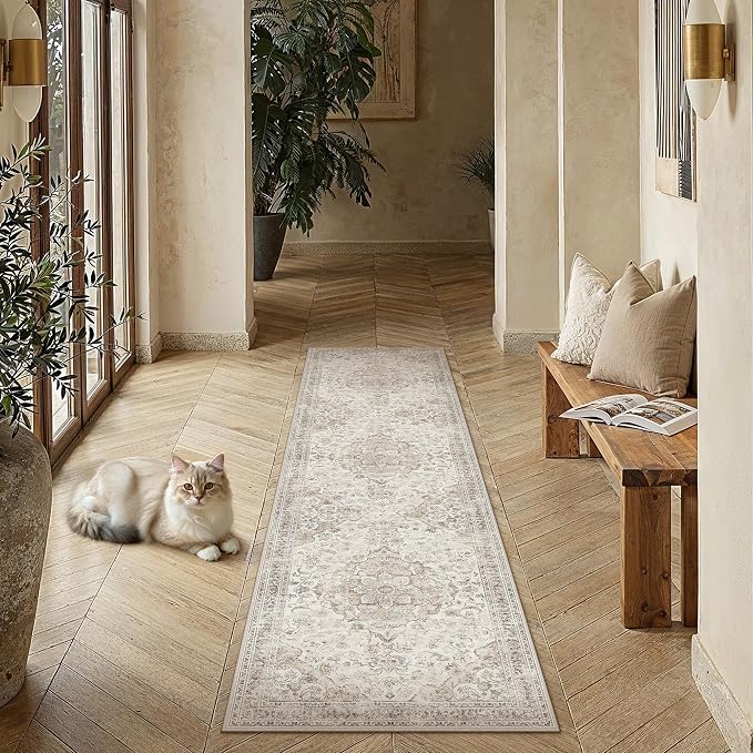 Beige Runner Rug 2x8 Kitchen Vintage Floral Non-Slip Carpet | Machine Washable, Soft, Low Pile, Distressed, for Hallway, Entryway, Laundry Room, Bathroom, Retro Neutral Decor