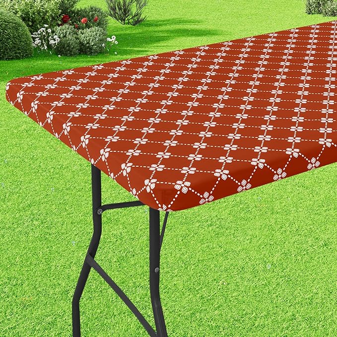 misaya Rectangle Vinyl Table Cloth, Elastic Fitted Tablecloth with Flannel Backing, Waterproof Plastic Table Cover Fits 4 Foot Folding Tables for Picnic, Camping, Indoor and Outdoor (Rust, 30" x 48")