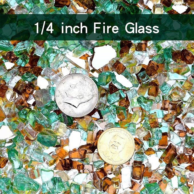 Onlyfire 10 lbs Fire Glass Rocks 1/4 Inch, Reflective Tempered Glass for Propane Fire Pit & Gas Fireplace, High Luster Firepit Glass Stones for Fire Table, Gold+Light Green+Copper