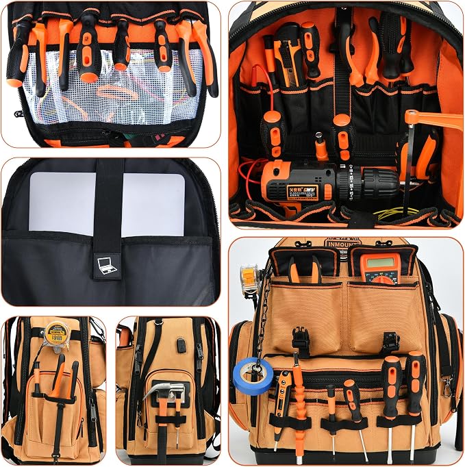 Tool Backpack with 2 Small Tool Bags – LOKASS Heavy Duty Backpack Tool Bag with Molded Base,1680D Tool Organizer with Laptop Compartment & Combination Lock, Water-Resistant Electrician & HVAC Tool Bag