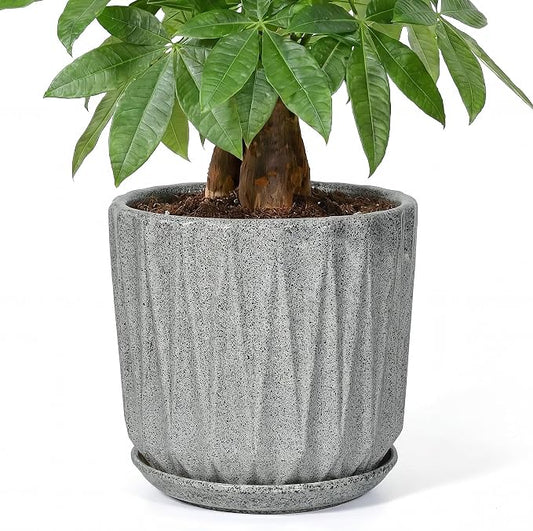 10 Inch Ceramic Planter Pot with Saucer Drainage Leak-Proof Mesh,Flower Pots for Indoor Plants with Gardening Gloves,Ceramic Planter(Stone Grey)