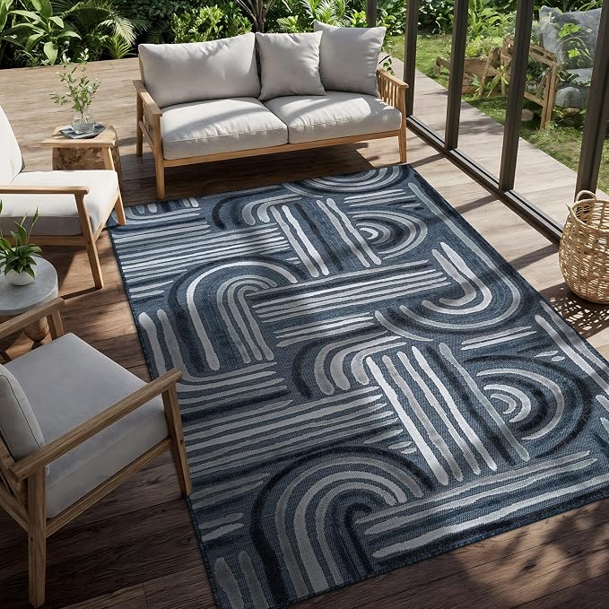 CAMILSON Indoor Outdoor Rug, Navy Blue 10x14 Geometric Arch Striped Large Area Rugs for Patio and Home Areas, Easy-Cleaning Non-Shedding Living Room, Garden and Deck Washable Outside Carpet 10 x 14