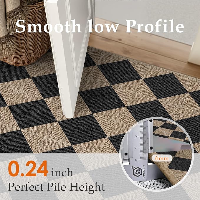 PureCozy 2x3 Checkered Easy Jute Kitchen Front Doormat Non Slip Washable Neutral Area Rug Textured Diamond Non Shedding Low Pile Black Checkerboard Floor Carpet for Farmhouse Entryway Porch Doorway