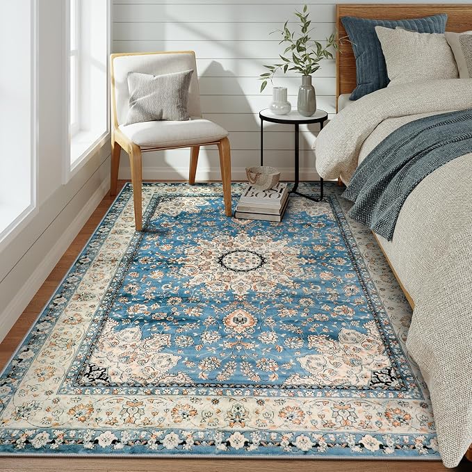 Lahome Felice Oriental Floral Medallion Area Rug - 5x7 Large Blue Distressed Living Bedroom Rug, Non-Slip Machine Washable Low-Pile Dining Room Mat Indoor Accent Carpet for Entryway Office Home