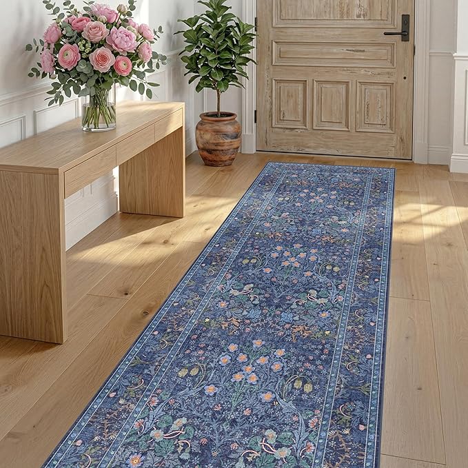 Non Slip 2x6 Dark Blue Kitchen Runner Rug - Long Runner Rugs 24 x 72 Washable Hallway Floor Mat, Bedroom Laundry Room Bathroom Runner - Dusky Navy Vintage Floral Design Décor