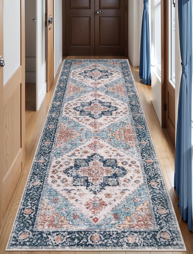 SERISSA 2'6"x10' Washable Non Slip Boho Runner Rug for Hallway，Blue Orange | Ultra Soft Vintage Oriental Carpet Low-Pile Tribal Floor Carpet for Kitchen Bedroom Bathroom Laundry Room