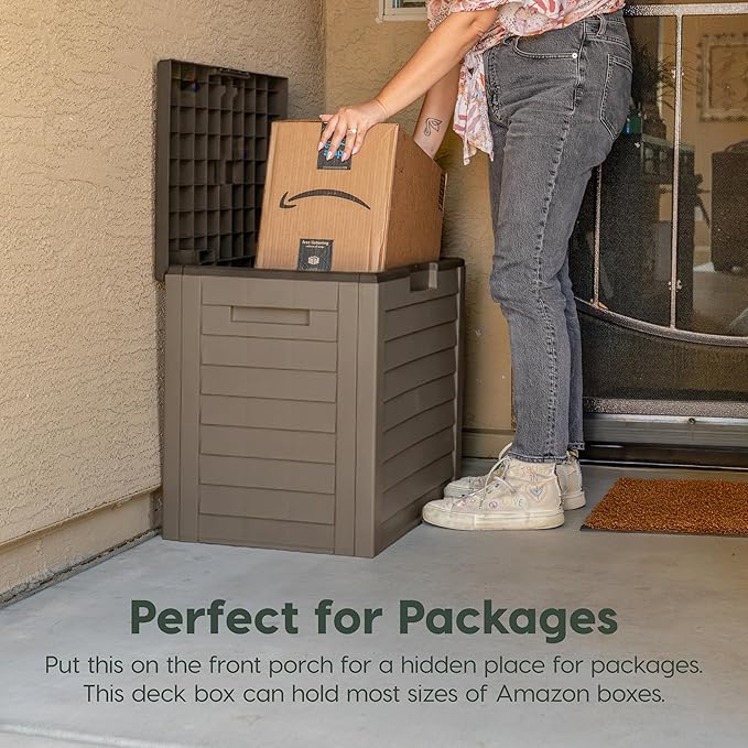 IRIS USA 35-Gallon Outdoor Deck Storage Box, Lockable & UV-Protected, Weather-Resistant Patio Storage for Cushions, Garden Tools & Packages, Waterproof Resin, Durable & Stylish Design - Brown