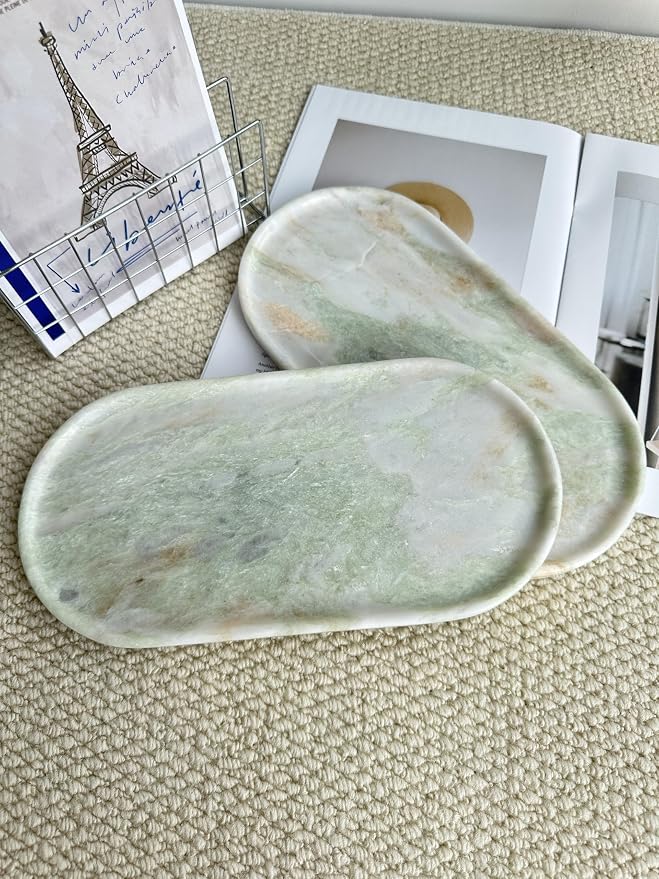 Genuine 100% Natural Marble Tray, Luxury Sage Green&White Stone Vanity Tray | 11.8" x 5.9" Decorative Oval Trays for Countertop Storage, Bathroom, Dresser, Kitchen, Home Decor, Jewelry Makeup Organizer