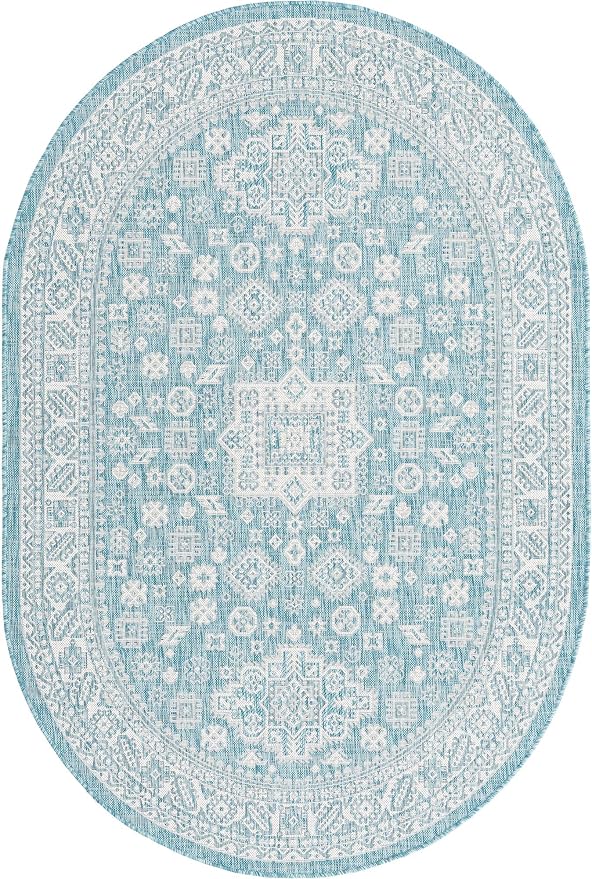 Unique Loom Outdoor Aztec Collection Area Rug - Chalca (5' 3" x 7' 10" Oval, Aqua/ Ivory)