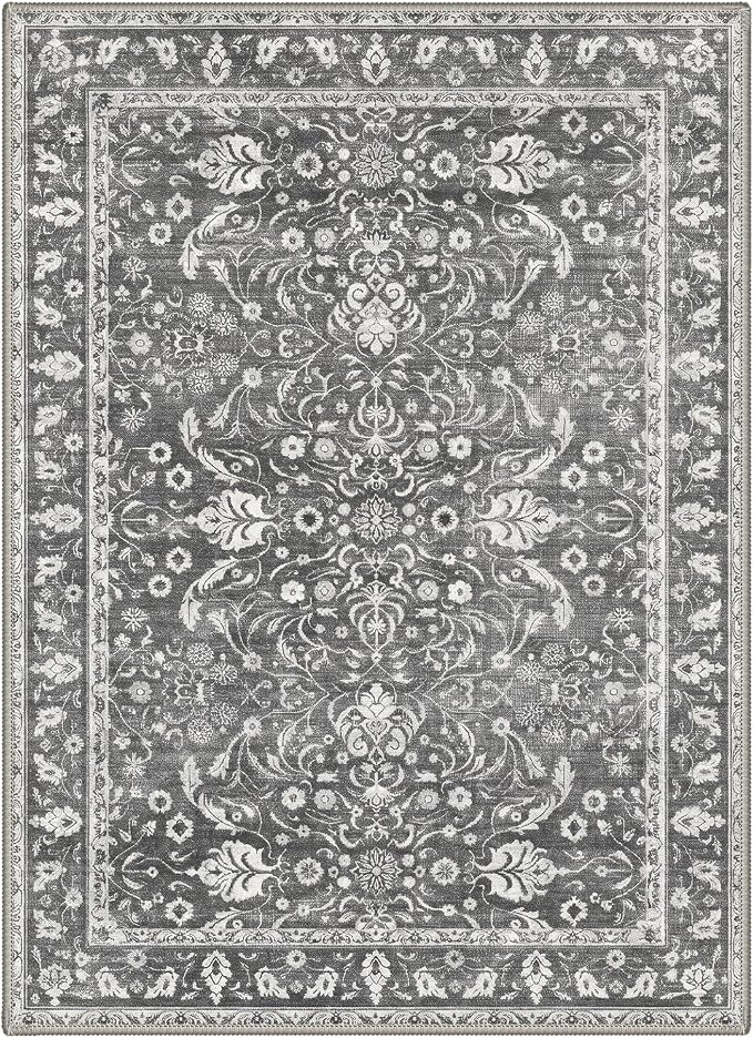 5X7 Area Rug for Living Room, Washable Boho Floral Non Slip | Easy Care Faux Wool Rug for Bedroom Dining Room, Charcoal Gray Vintage Floral Rug, Non-Shedding, Vacuum Friendly, Thin Indoor