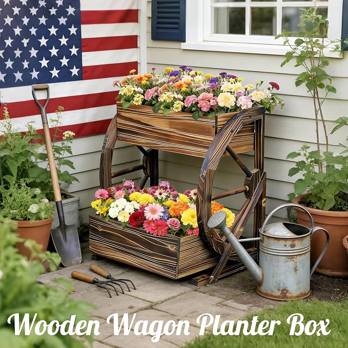 2 Tier Medium Wooden Wagon Planter Box|Outdoor Planter/Flower Pot for Indoor&Outdoor Plants-Rustic Garden Planter for Patio,Porch&Garden Decor-Raised Garden Bed for Succulents,Herbs,Vegetables