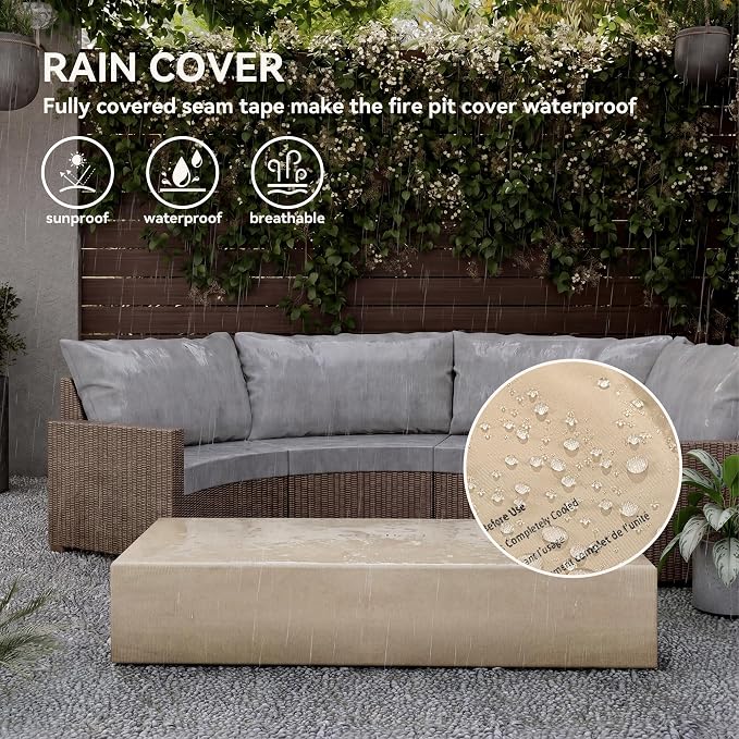 COSIEST 56-inch x 28-inch Outdoor Propane Fire Pit Coffee Table w Concrete Rectangle Base, 50,000 BTU, Free Lava Rocks and RainCover, Fits 20lb Tank Outside, Gray