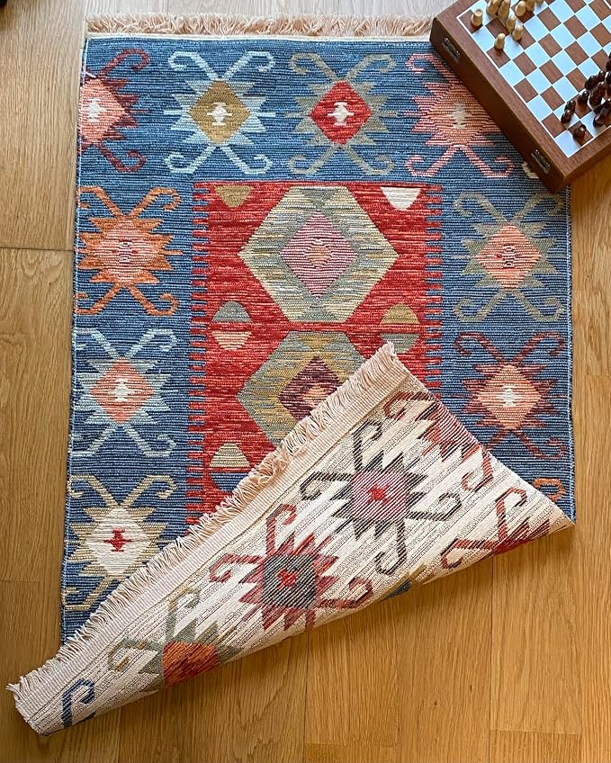 Secret Sea Collection: Modern Kilim Series Small Area Rug, Washable, Reversible, Cotton (2 x 3 feet, Antique Birds)