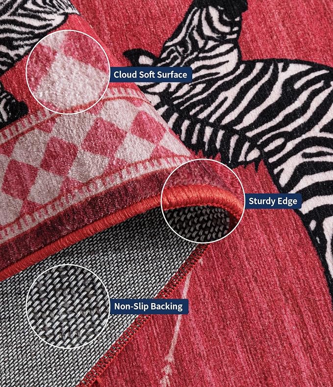 YIHOUSE Red Zebra Area Rugs 9×12, Washable Animal Print Rug with Checkered Border, Non-Slip Low Pile Mid-Century Modern Carpet for Living Room, Bedroom, Dining Room, Home Decor