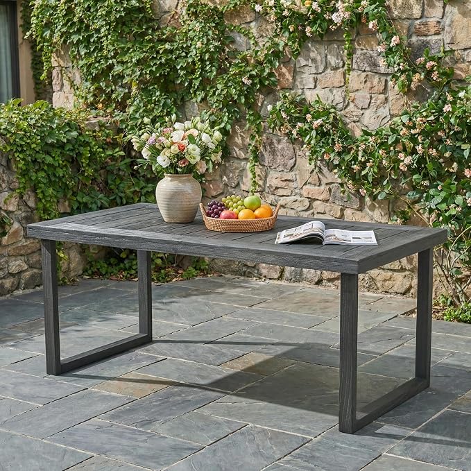Merax 69" Outdoor Acacia Wood Dining Table, Rectangular Patio Table with Slatted Surface, Sandblast Dark Gray Finish