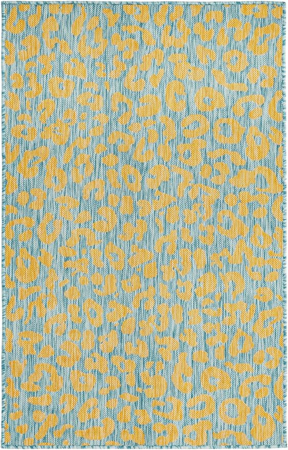 Unique Loom Outdoor Safari Collection Area Rug - Leopard (3' x 5' 1" Rectangle, Blue Yellow/ Blue)