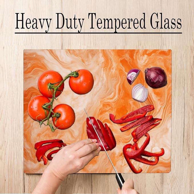 Orange White Marble Kitchen Glass Cutting Board Ocean Decorative Gift Marbled Granite Stone Rock Gift For Her Mom Wife (Orange Marble)
