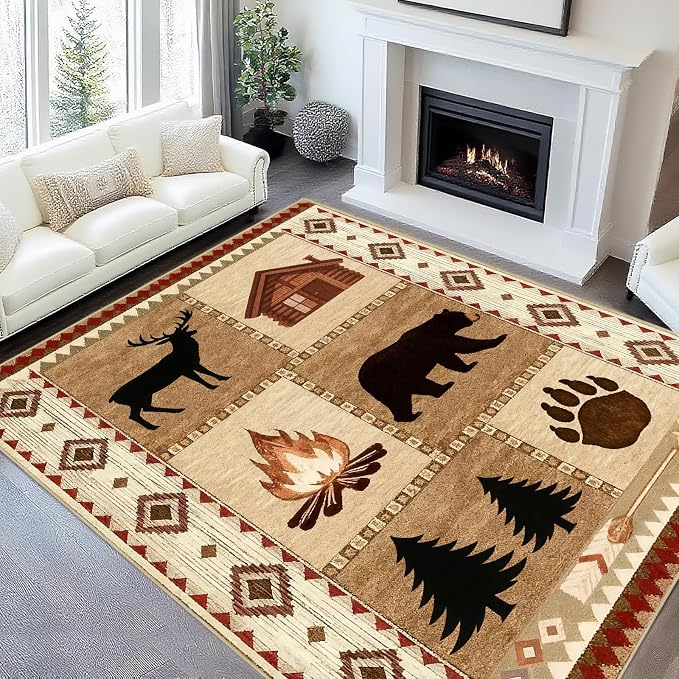 9x12 Cabin Bear Rustic Area Rug for Living Room Lodge Deer Wildlife Large Rug Country Farmhouse Westen Machine Washable Non-Slip Printed Low-Pile Indoor Carpet for Bedroom Dining Room Office