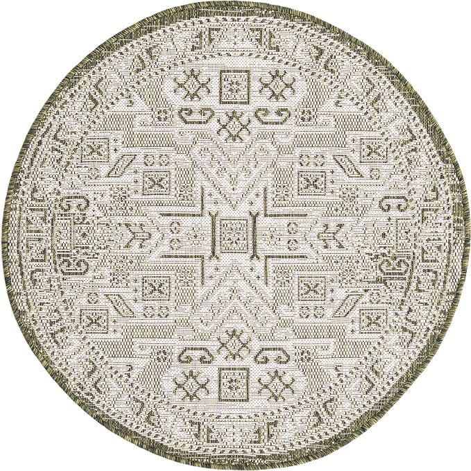 Unique Loom Outdoor Aztec Collection Area Rug - Coba (3' 3" Round, Green/ Ivory)