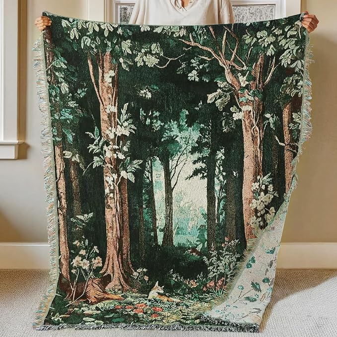 Moukeren 60 x 50 Inch Forest Woven Tapestry Blanket with Colorful Tassels Nature Tapestry, Woodland Cozy Throw for Couch Sofa Chair, Wall Hanging Home Decor Gift